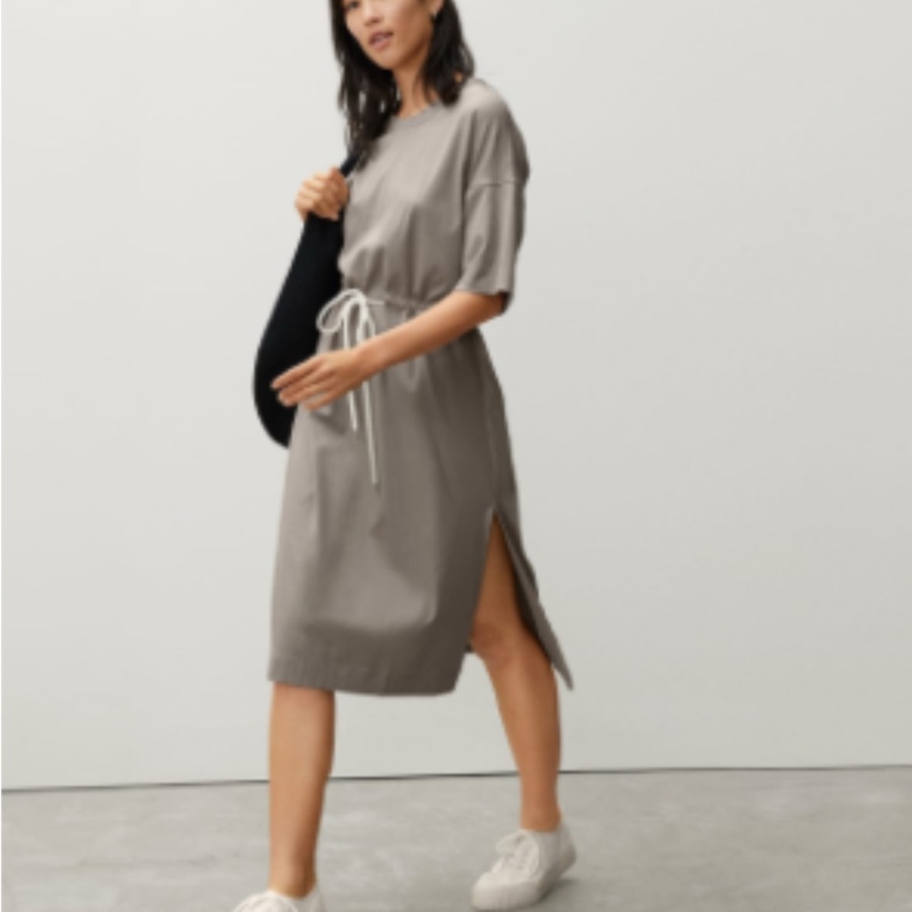 Everlane Luxe Cotton Tie Front Midi Tee Dress L Taupe Clay Scandi Minimalist